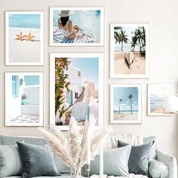 Kariibi Mere Rand, Palm Tree House Meritäht Tüdruk Seina Art Print Lõuend Maali Nordic Plakat Seina Pildid Elutuba Decor