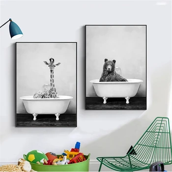 Must Valge Seina Art Vannituba Vanniga Loomade Plakat, Lõuend Maalid Elevant, Lõvi Panda Kaelkirjak Printimine Lapsed Tuba